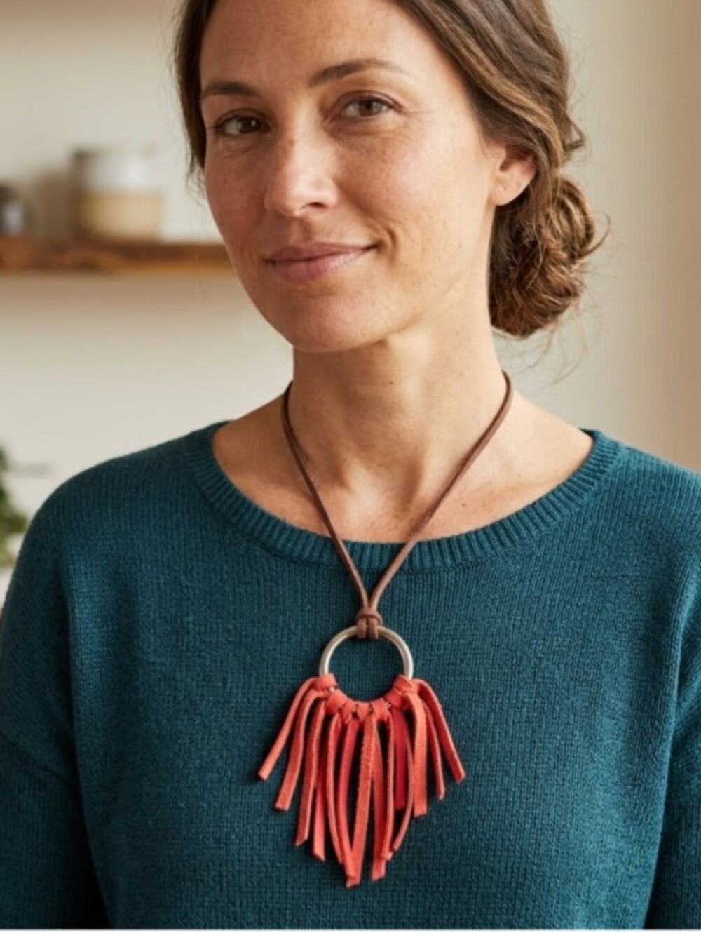 Handmade Genuine Leather Silver Ring Fringe Statement Necklace Orange #012